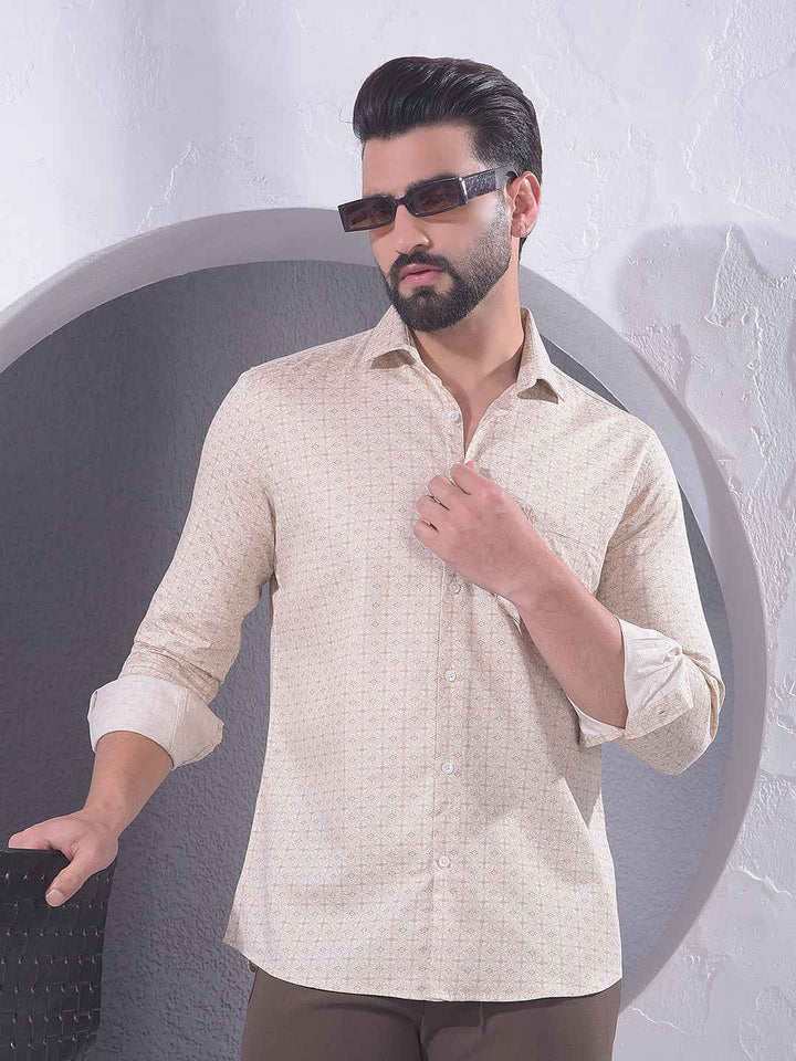 Beige Geometric Print 100% Cotton Shirt