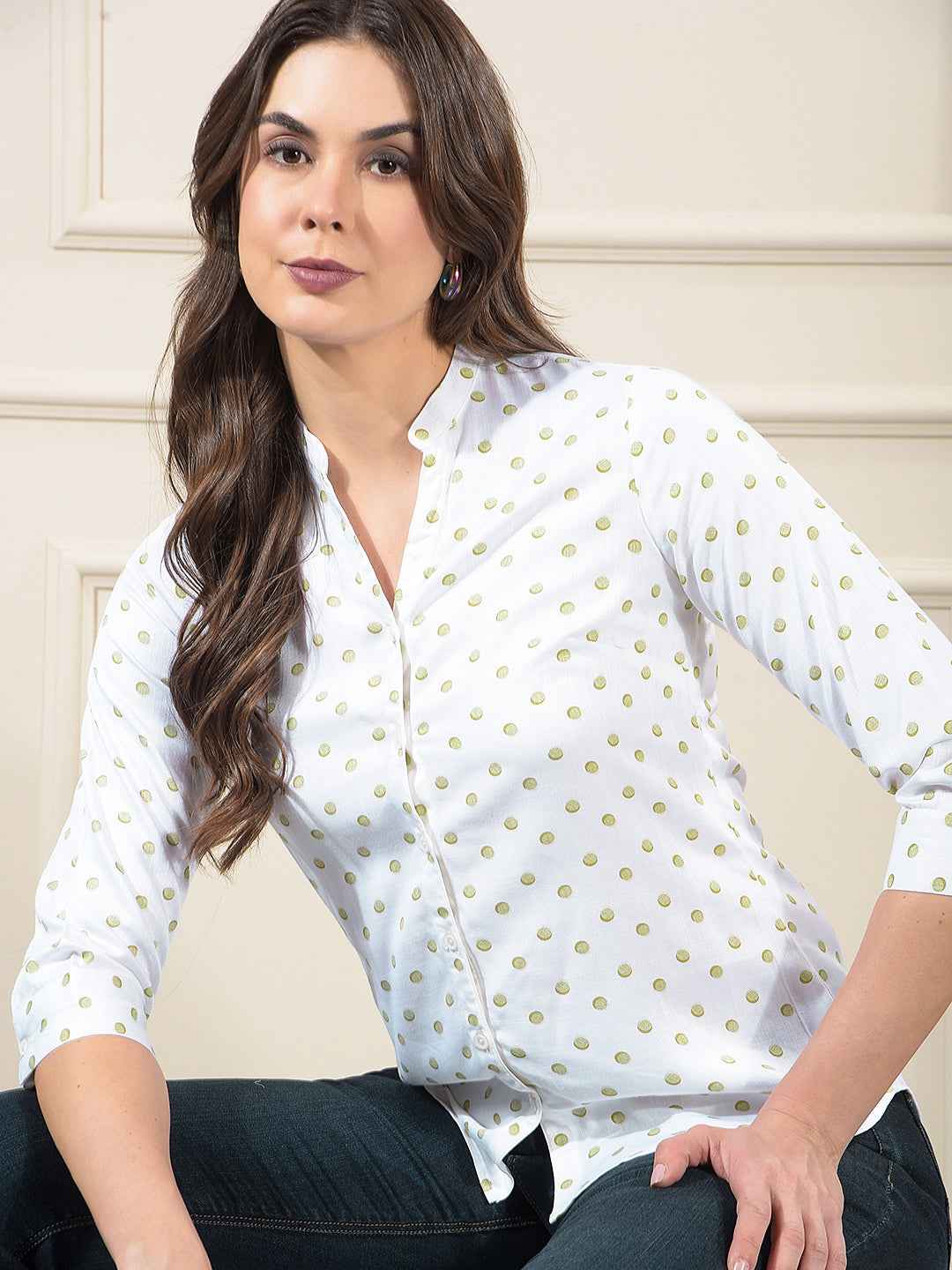 Green Polka Dots V-Neck Shirt