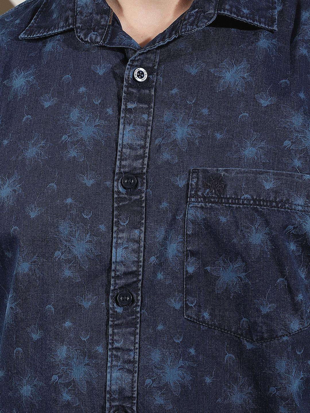 Navy Blue Floral Print 100% Cotton Denim Shirt