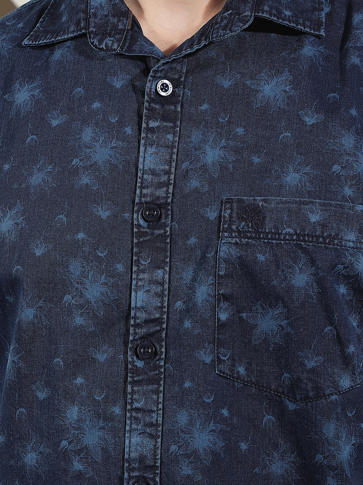 Navy Blue Floral Print 100% Cotton Denim Shirt