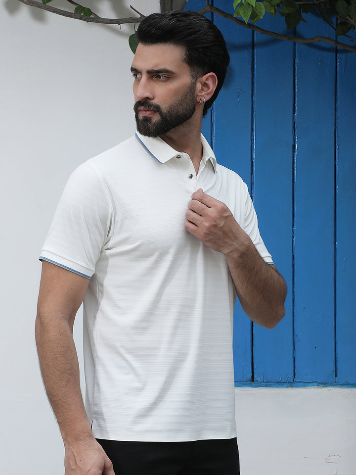White Horizontal Stripes Polo Neck T-Shirt