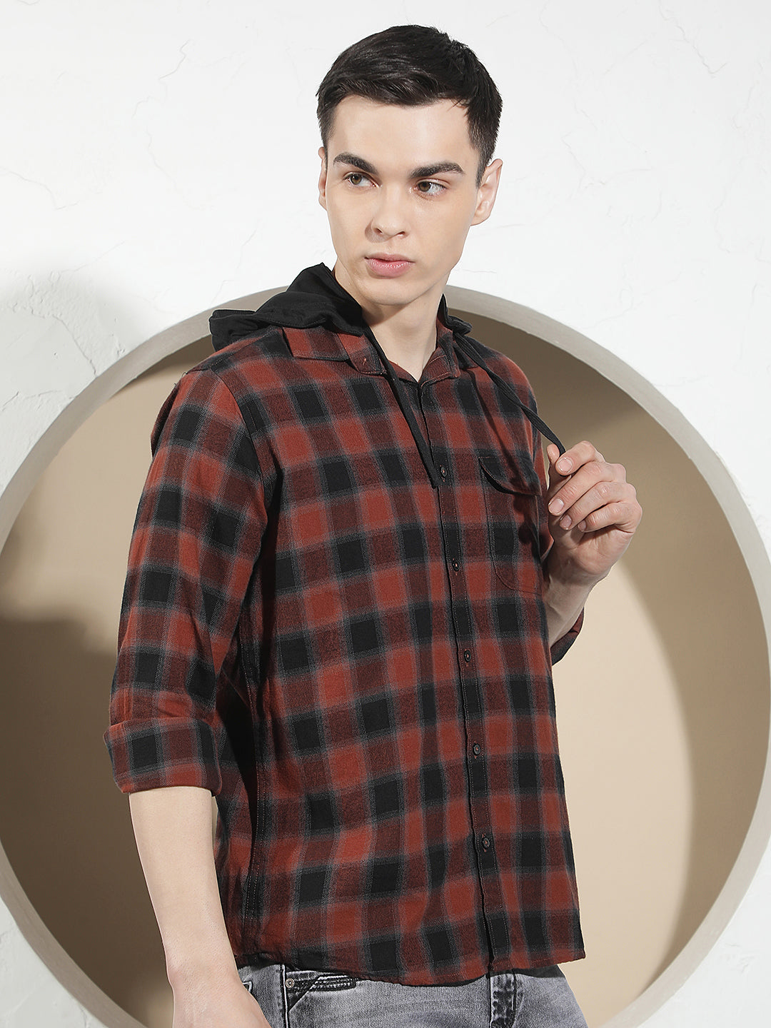 Maroon 100% Cotton Checked &amp; Hooded Shirt