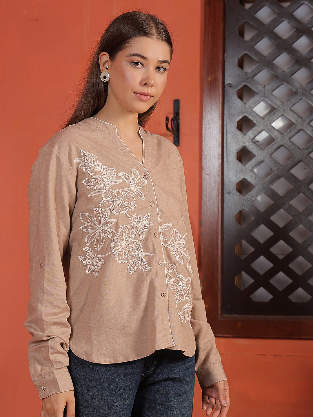 Beige Floral Embroidered V-Neck Shirt