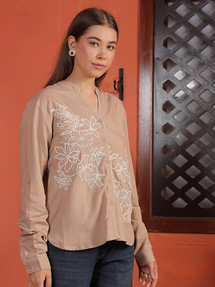 Beige Floral Embroidered V-Neck Shirt