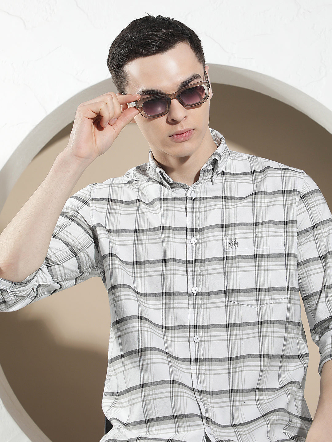 White Checked Button-Down Collar 100% Cotton Shirt