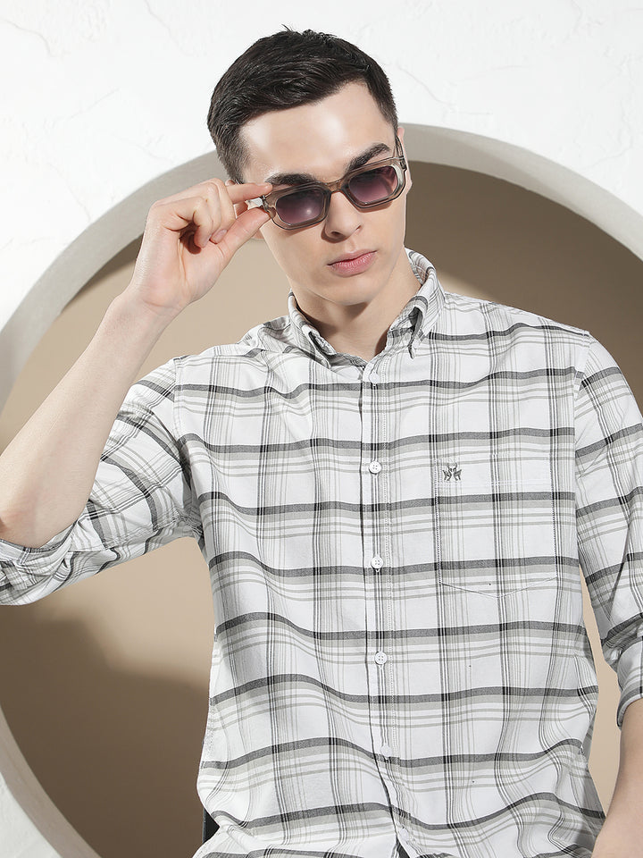 White Checked Button-Down Collar 100% Cotton Shirt