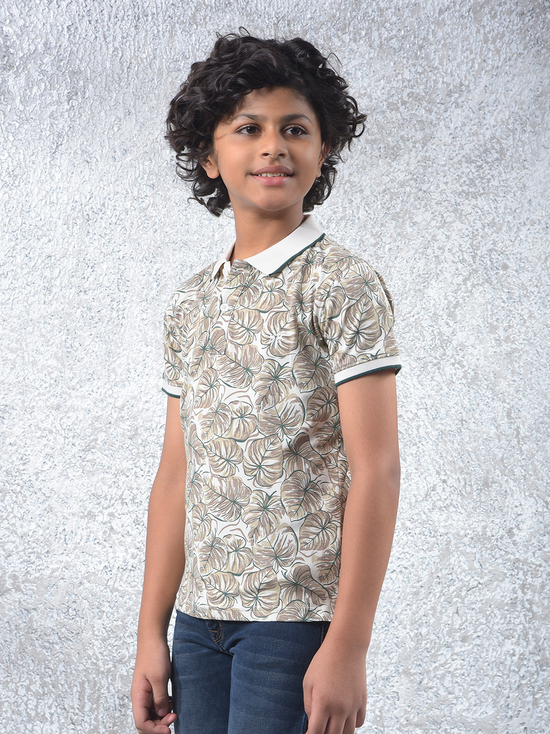 Beige Floral Print Polo Neck T-Shirt