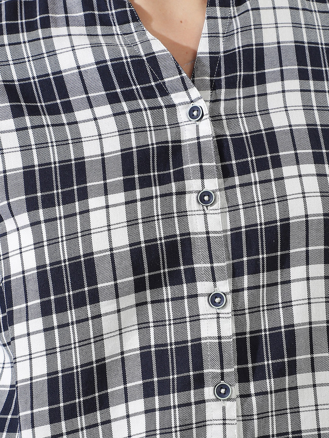 Navy Blue Checked V-Neck Shirt