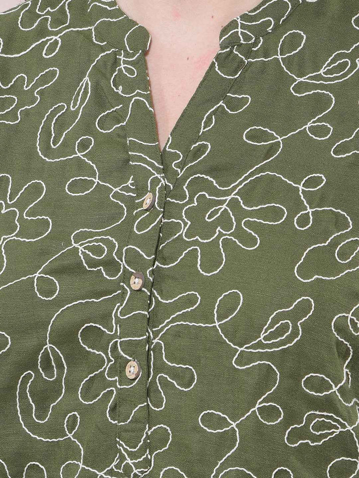 Green Embroidered V-Neck Top