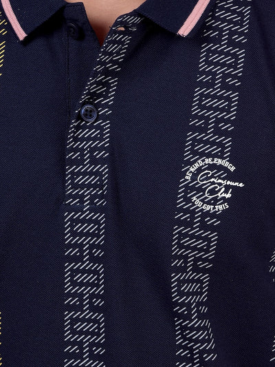 Navy Blue Printed Polo Neck T-Shirt