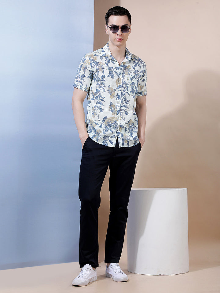 Blue Floral Print Linen Shirt