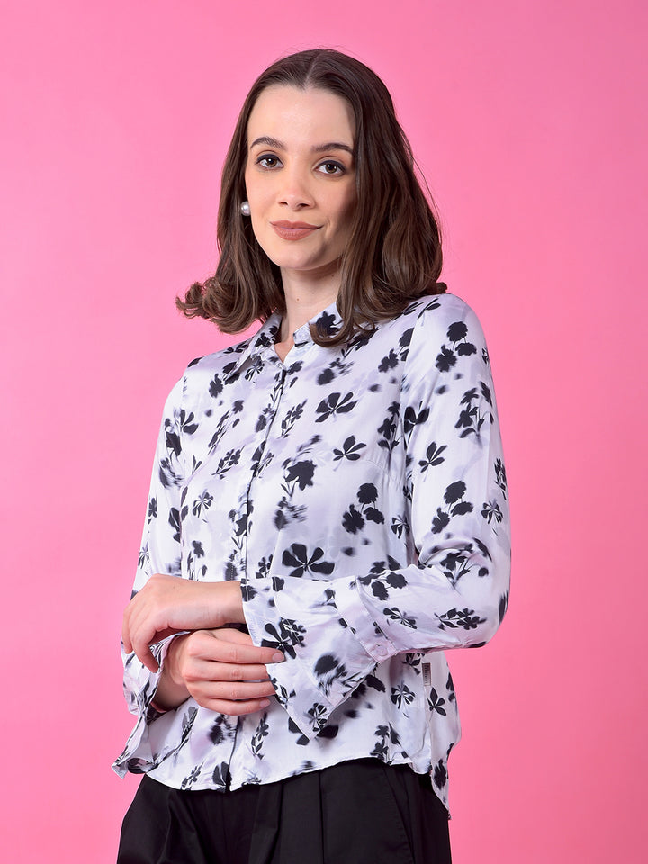 White Floral Print Shirt-Women Shirts-Crimsoune Club