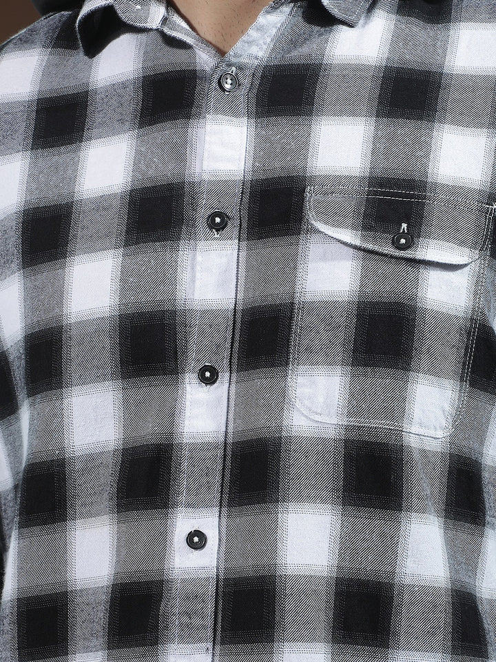 Black Checked 100% Cotton Hooded Shirt