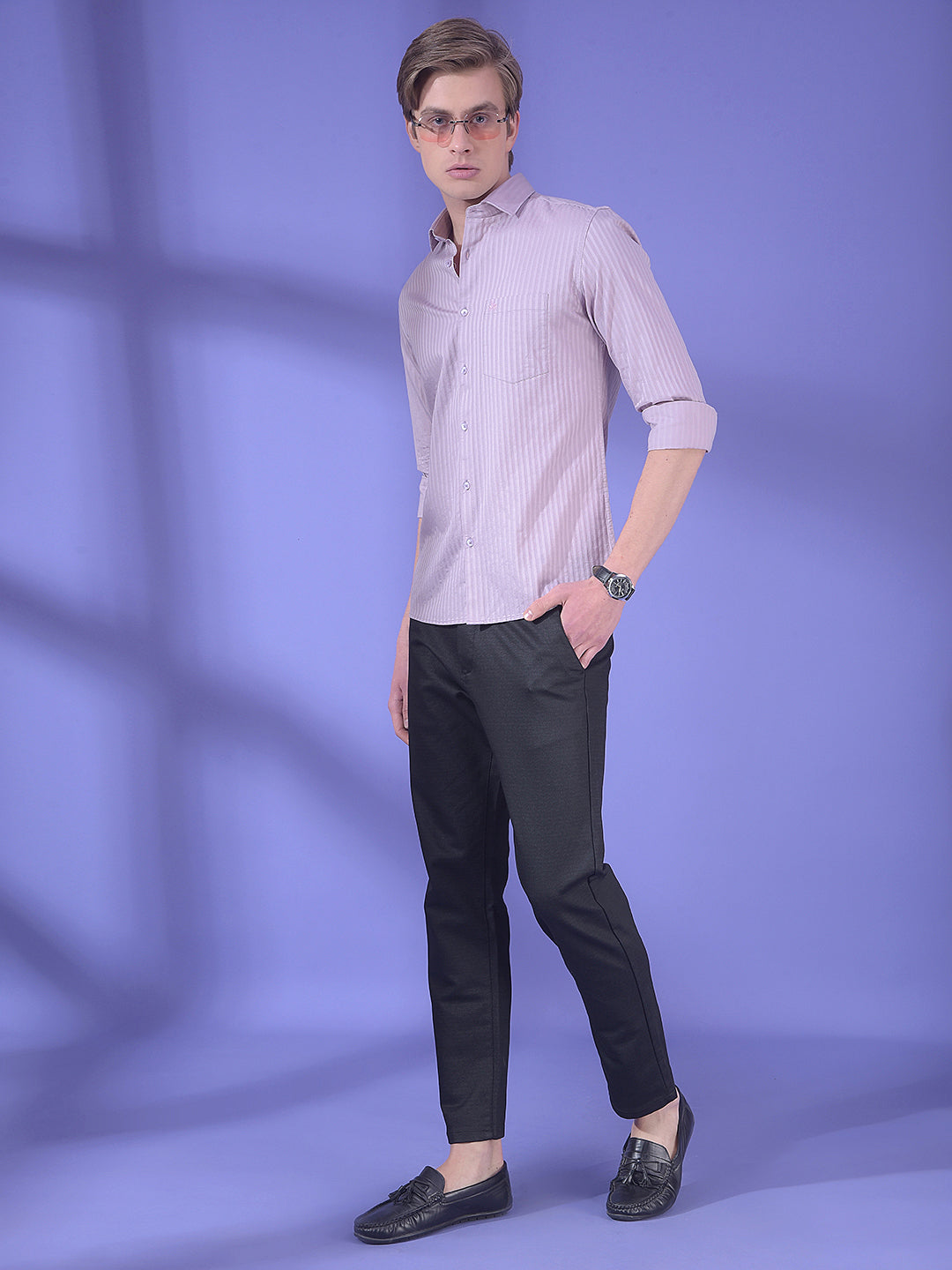 Purple Vertical Stripes 100% Cotton Shirt