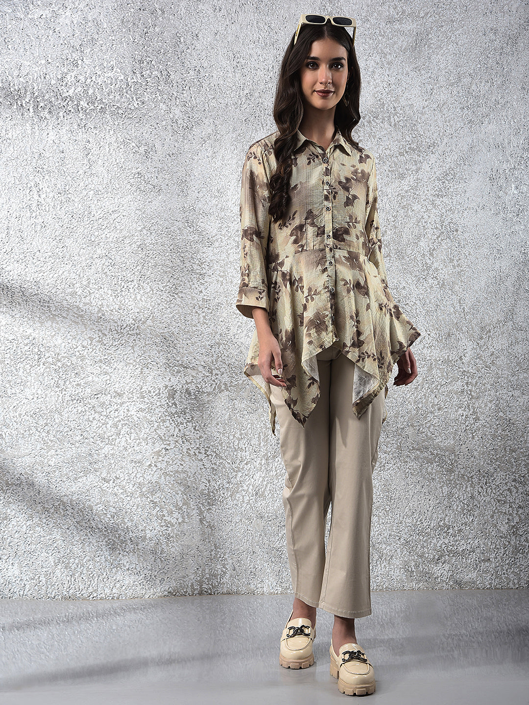 Green Floral Print Mid-Thigh Length Top