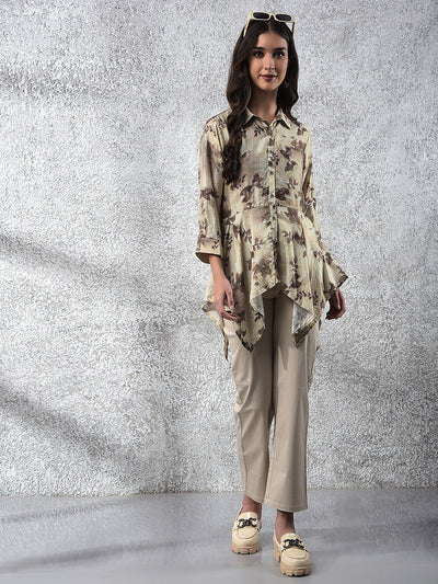 Green Floral Print Mid-Thigh Length Top