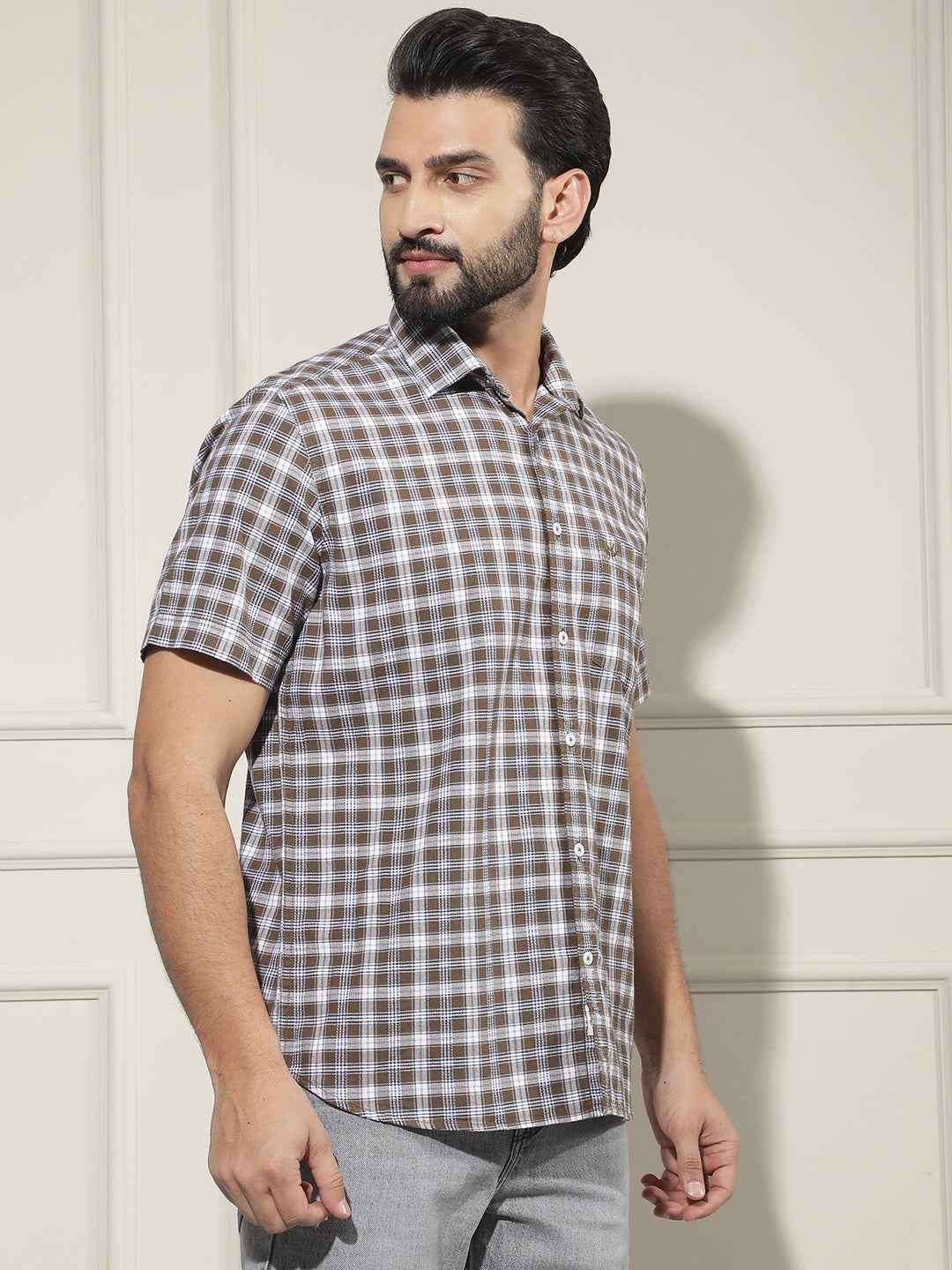 Brown Checked 100% Cotton Shirt
