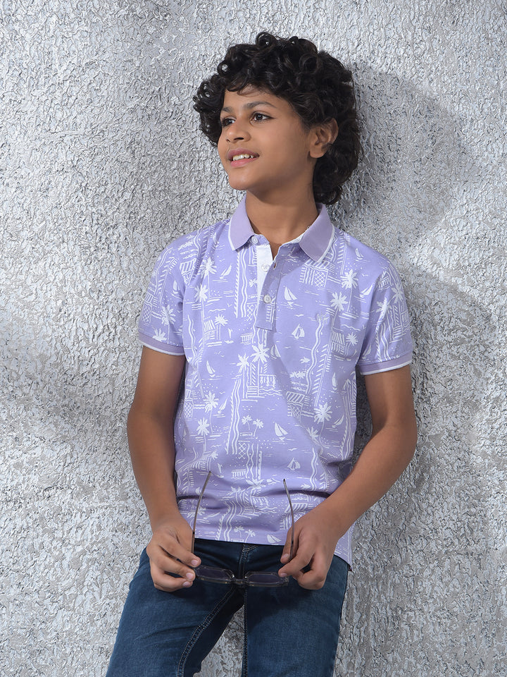 Purple Printed Polo Neck T-Shirt