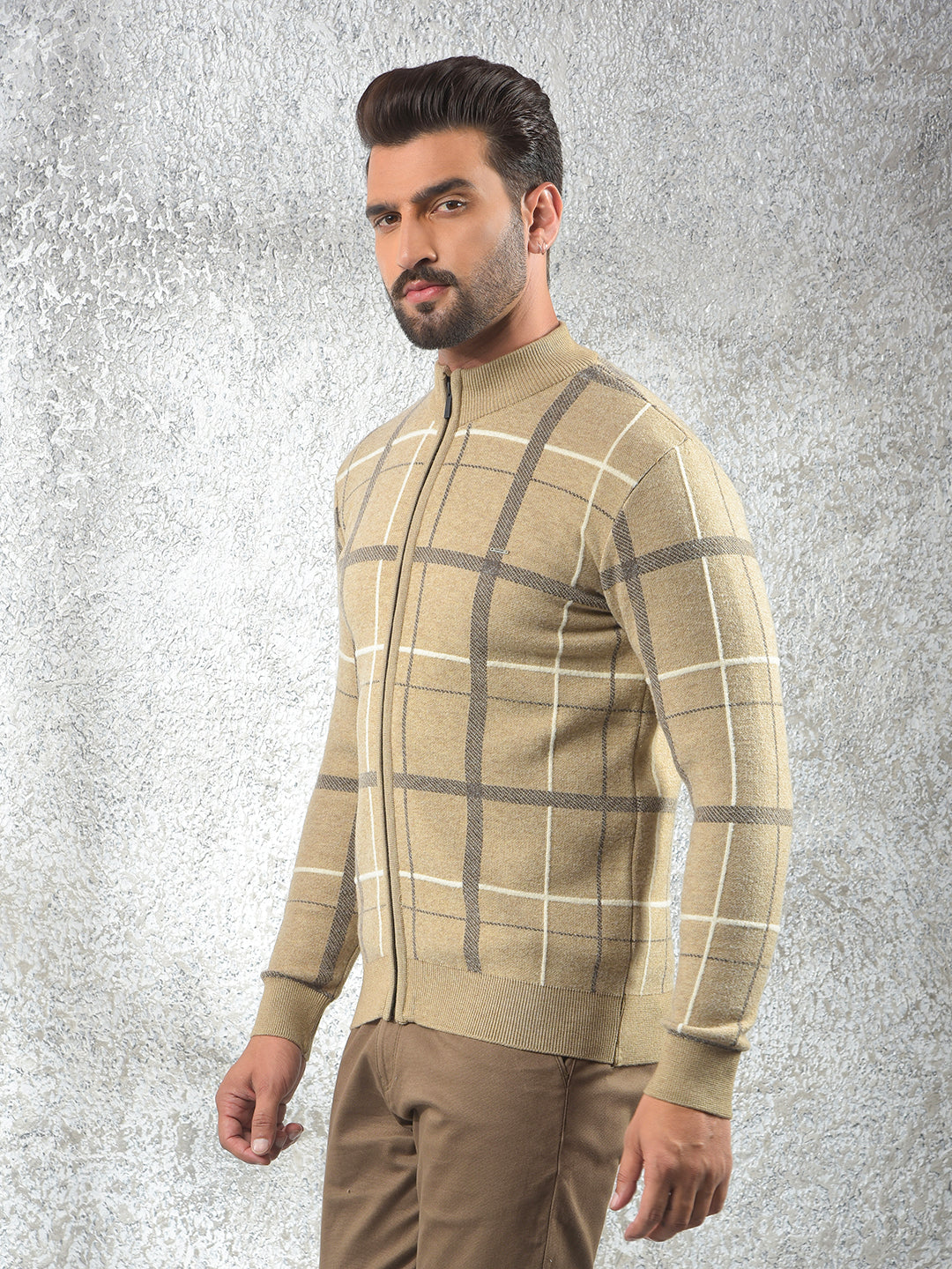 Easy Fit Beige Checked Sweater