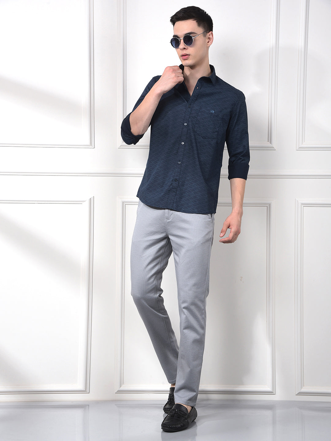 Navy Blue Printed 100% Cotton Shirt
