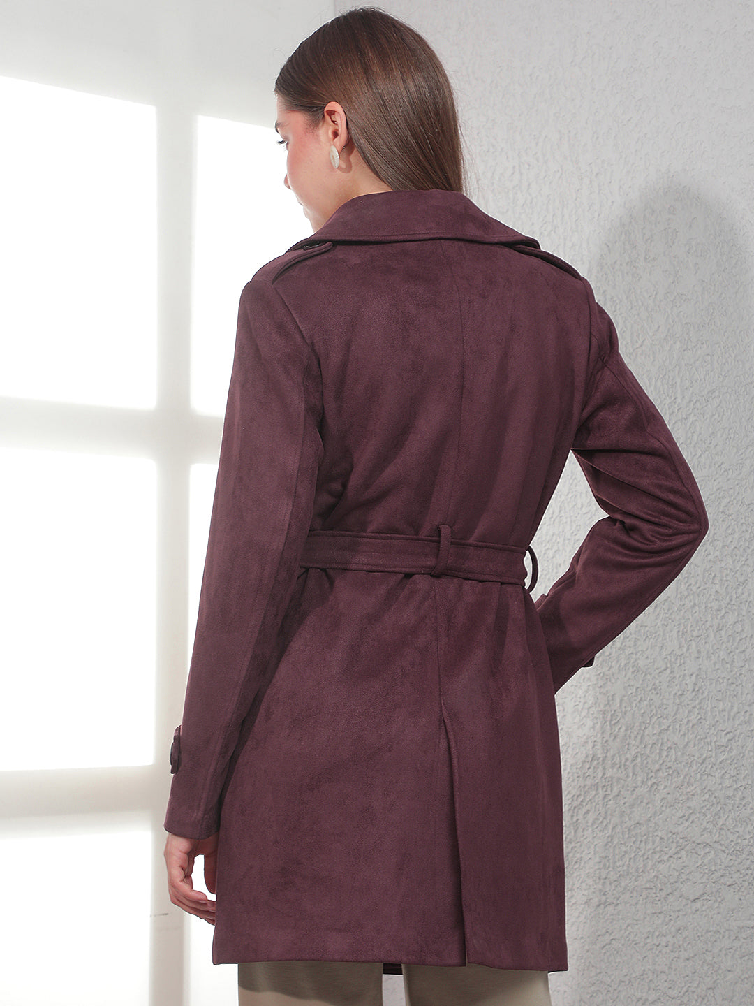 Wine Mid-Thigh Trench Coat With Belt