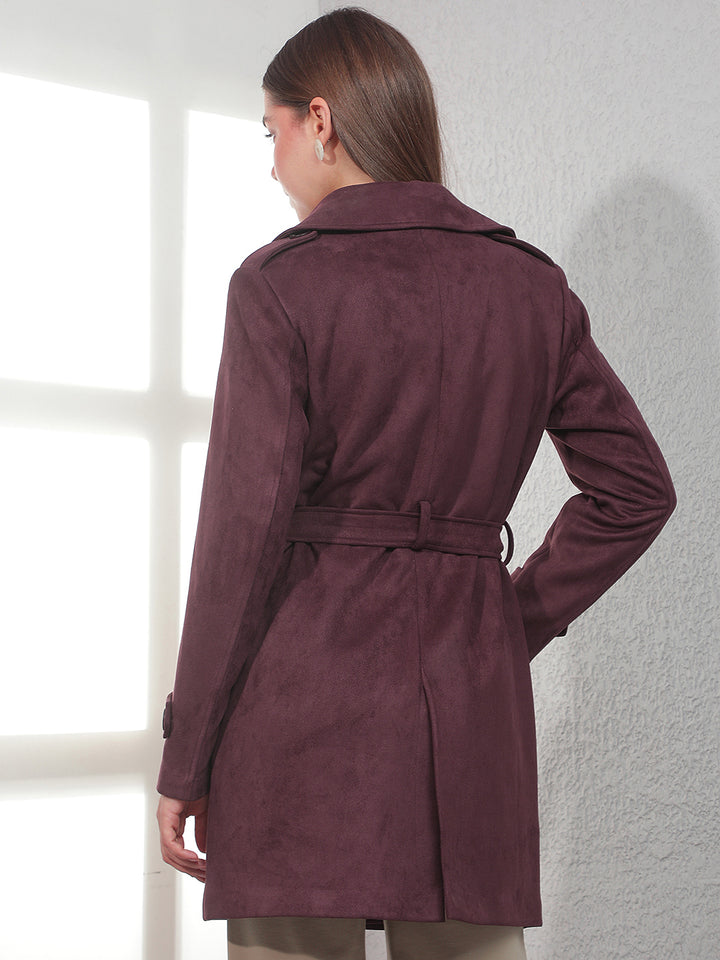 Wine Mid-Thigh Trench Coat With Belt