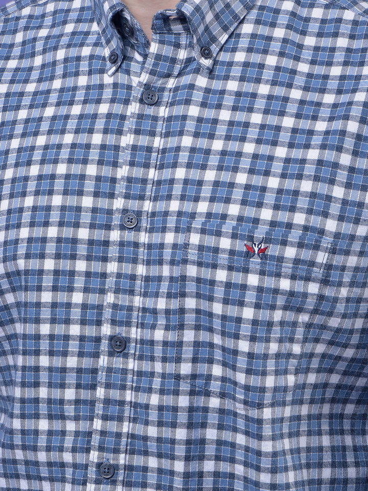 Blue Checked Button-Down Collar 100% Cotton Shirt