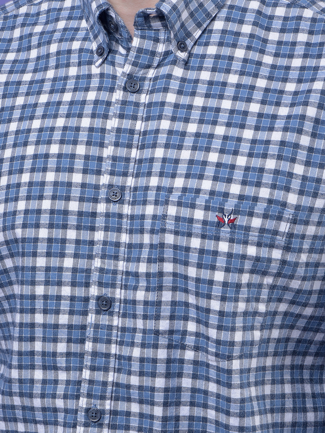 Blue Checked Button-Down Collar 100% Cotton Shirt