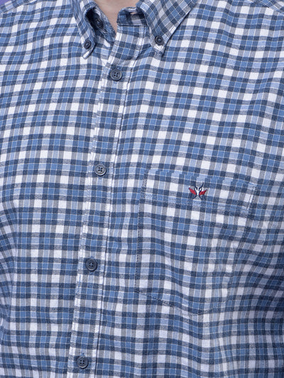 Blue Checked Button-Down Collar 100% Cotton Shirt