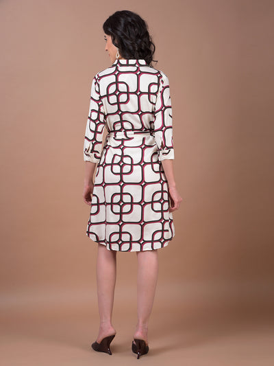 White Printed Belted Shirt Dress