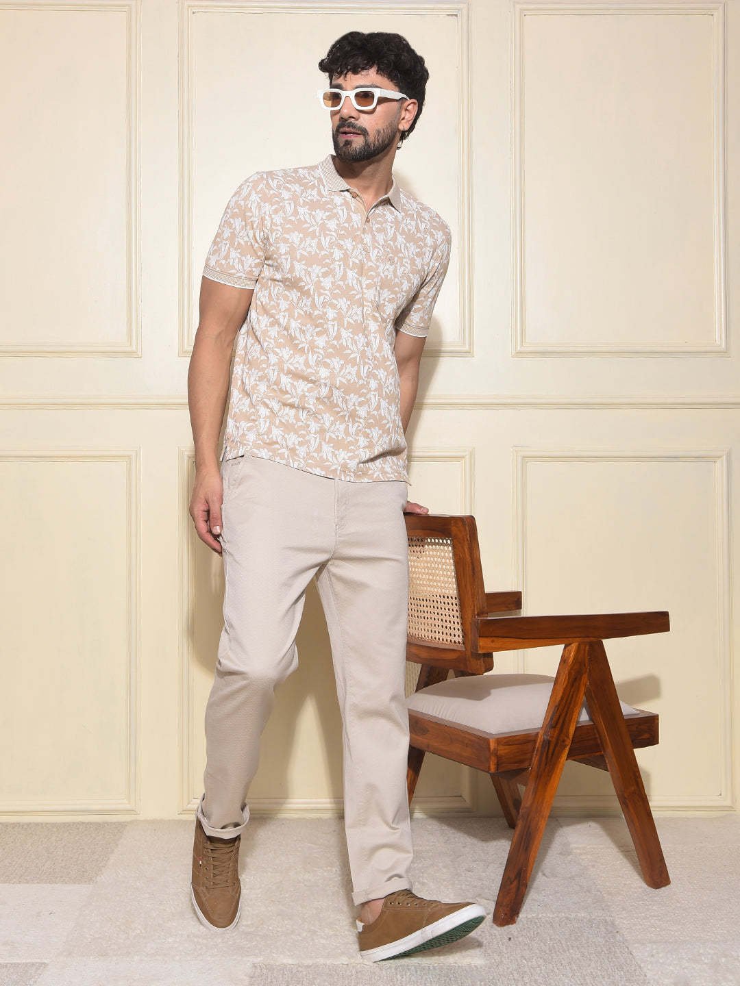 Beige Printed Trousers
