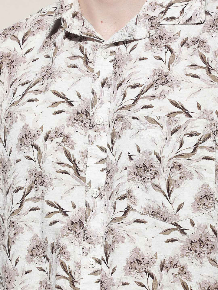 Brown Floral Print Linen Shirt