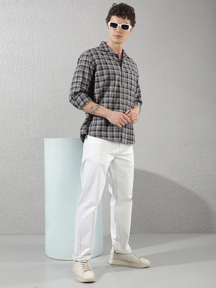 Navy Blue 100% Cotton Checked Shirt