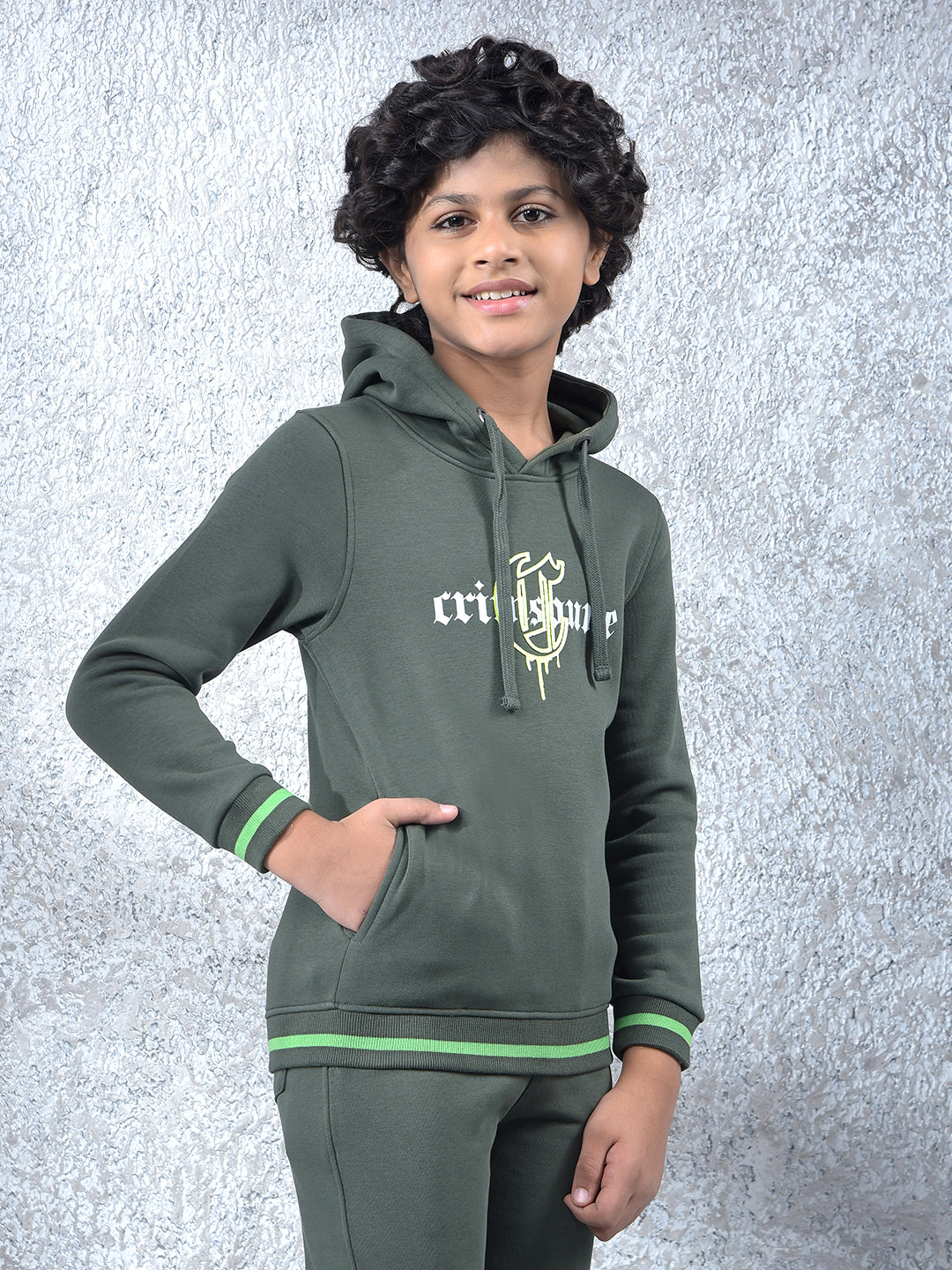 Olive Typographic Print Hooded Neck Sweatshirt