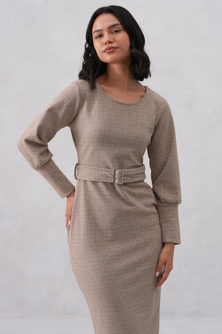 Beige Vertical Stripes Winter Bodycon Belted-Dress