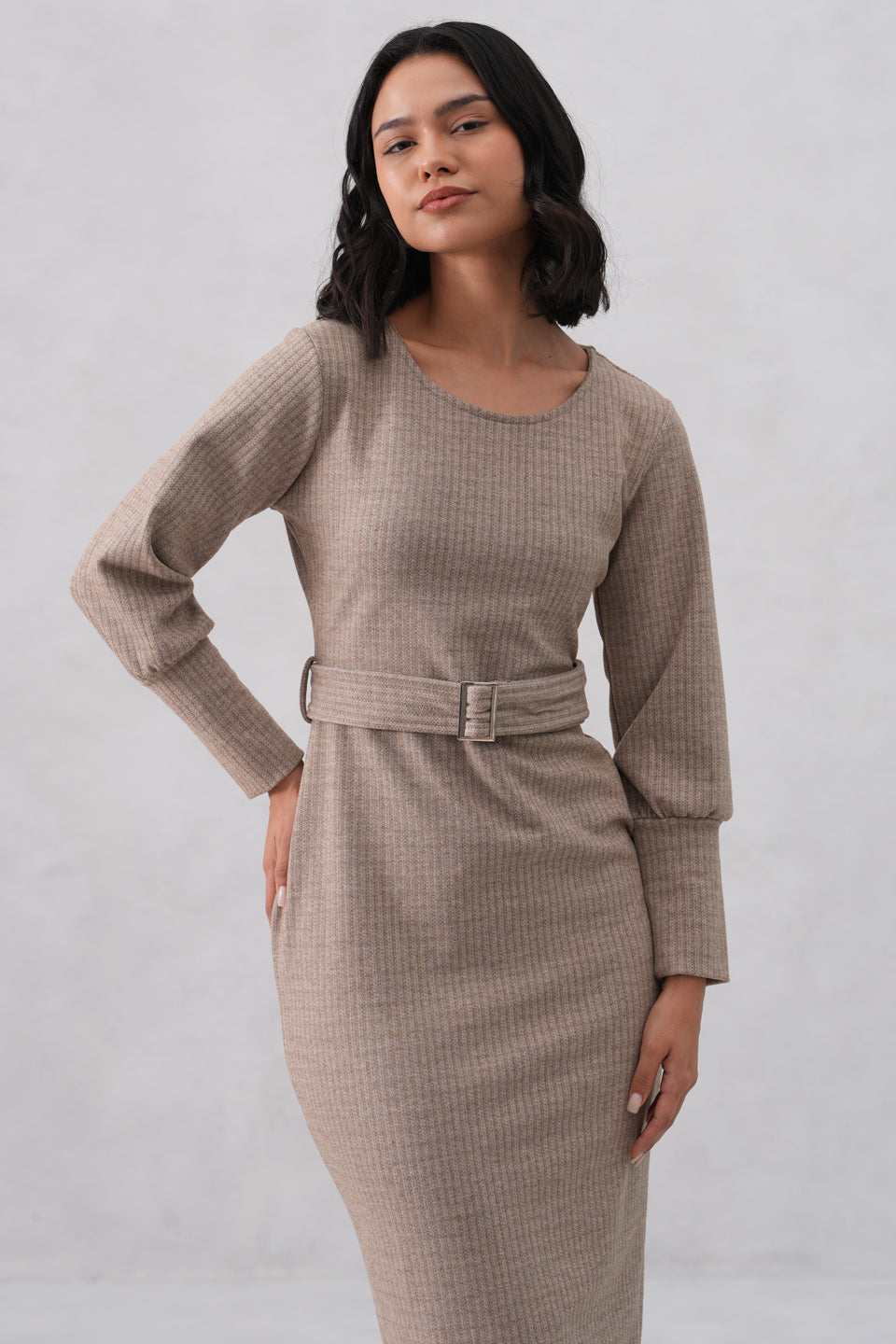Beige Vertical Stripes Winter Bodycon Belted-Dress