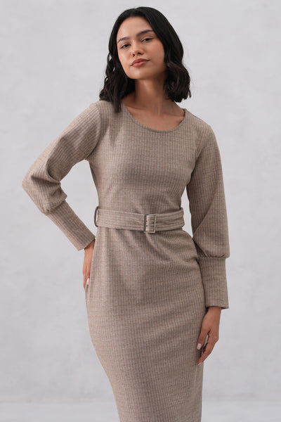 Beige Vertical Stripes Winter Bodycon Belted-Dress