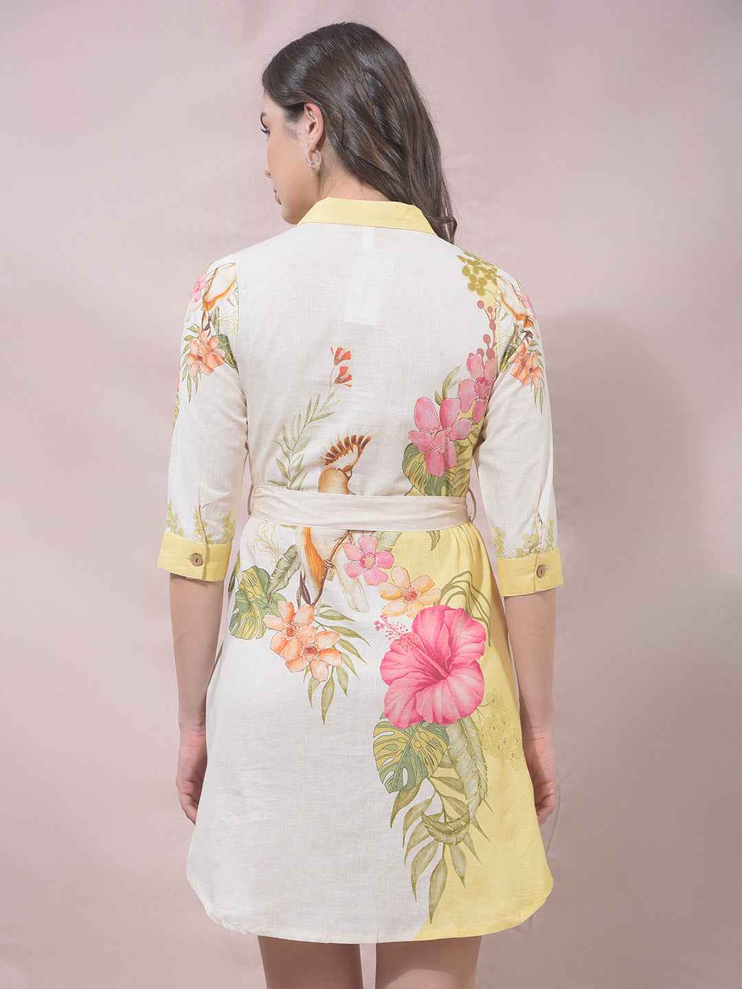 Yellow Floral Print Linen Shirt Dress With Belt