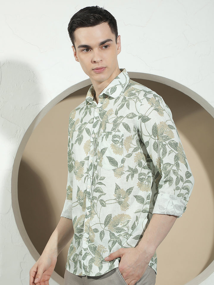 Green Botanical Print Linen Shirt