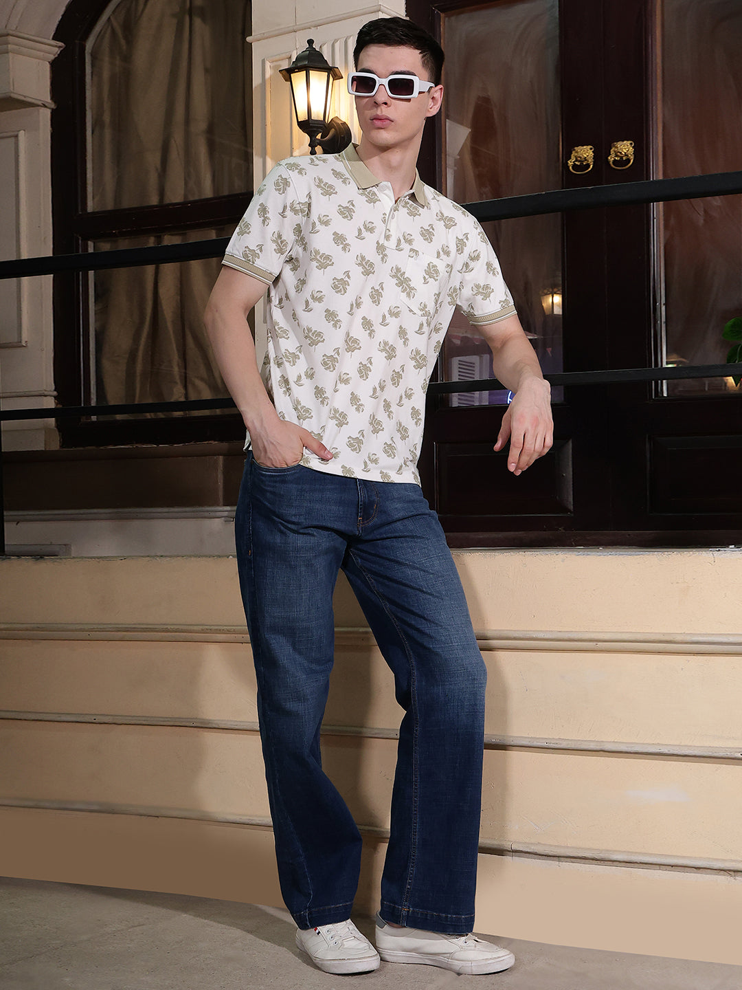 Brown Floral Print Polo Neck T-Shirt