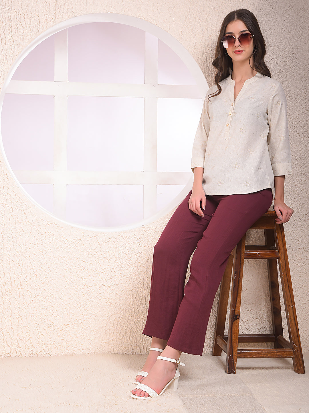 Beige Embellished V-Neck Top