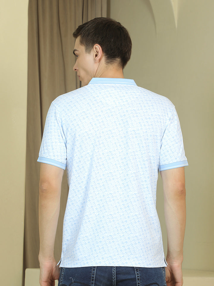 Blue Printed Polo Neck T-Shirt