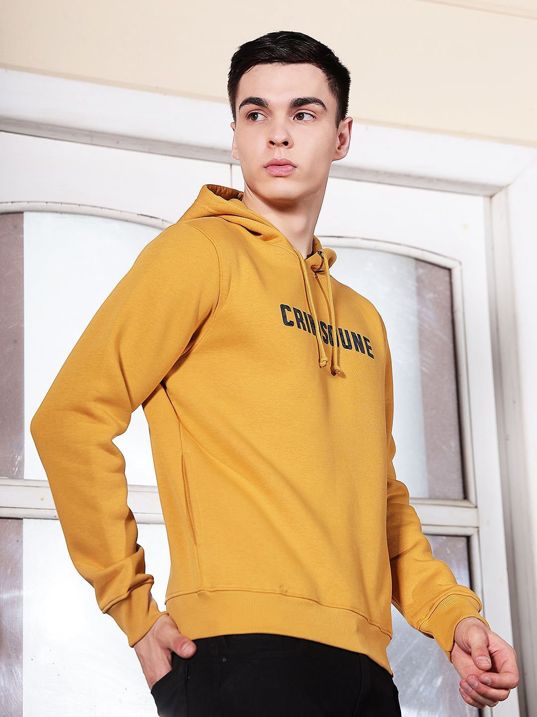 Mustard Typographic Print Hooded Neck Sweatshirt