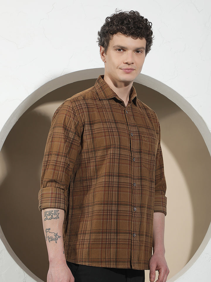Brown Checked 100% Cotton Corduroy Shirt