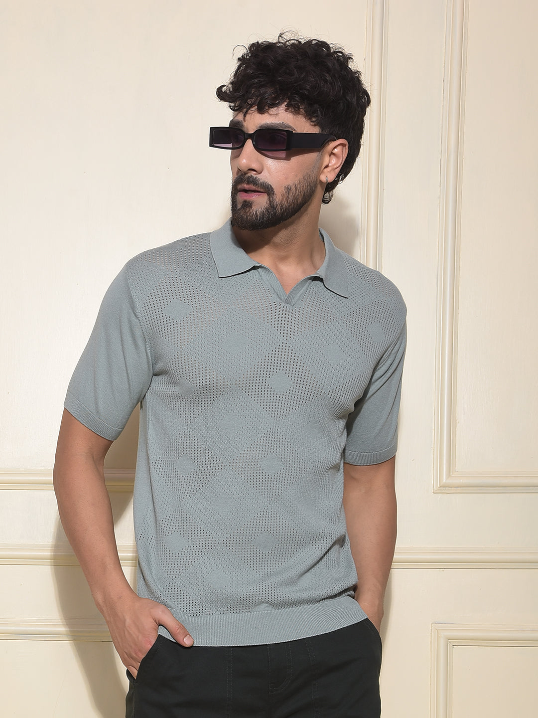 Green Jacquard Polo Neck T-Shirt