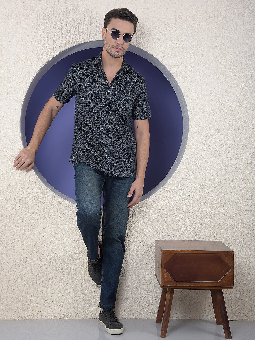 Navy Blue Floral Print Shirt