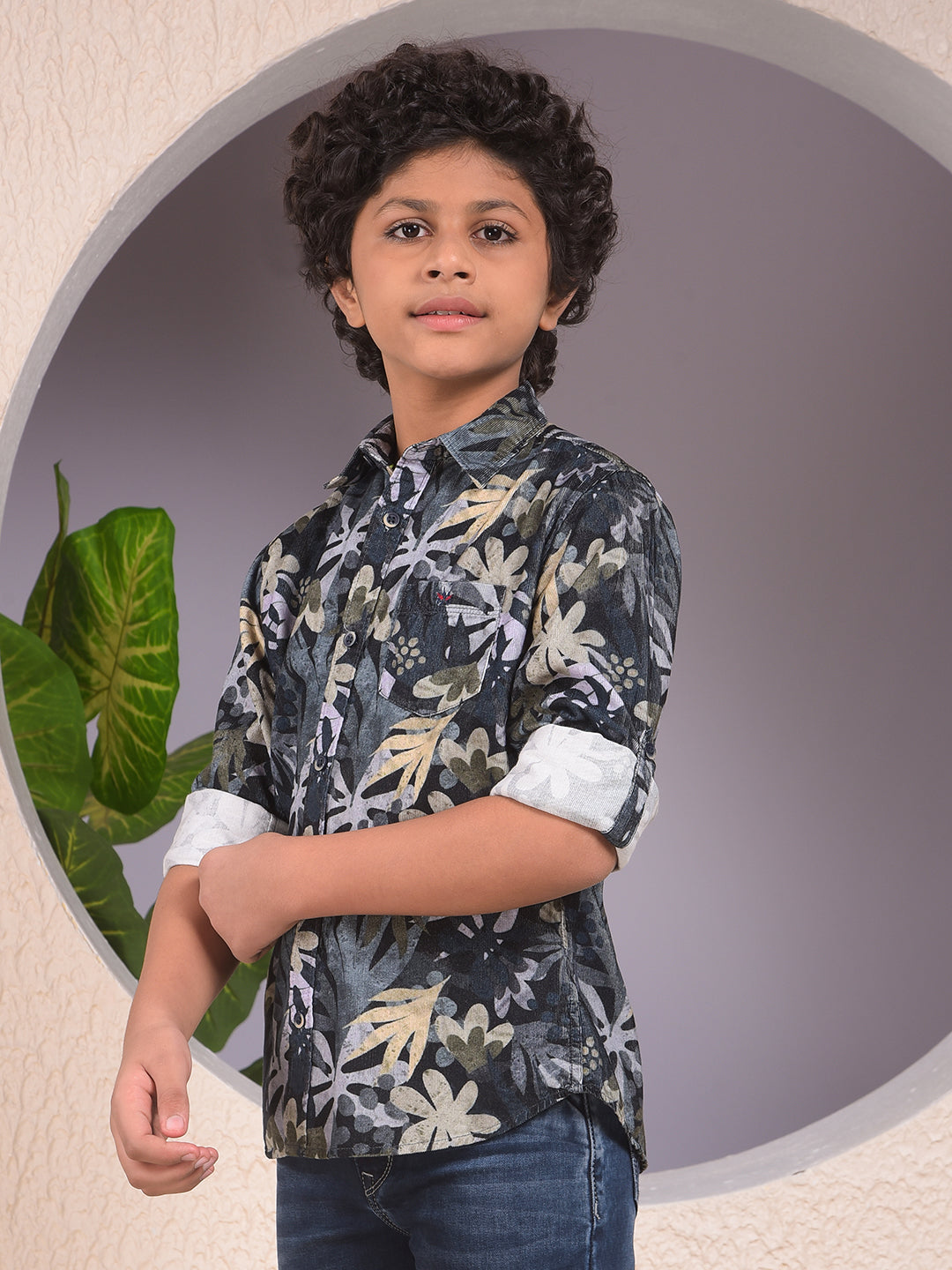 Beige Floral Print 100% Cotton Corduory Shirt