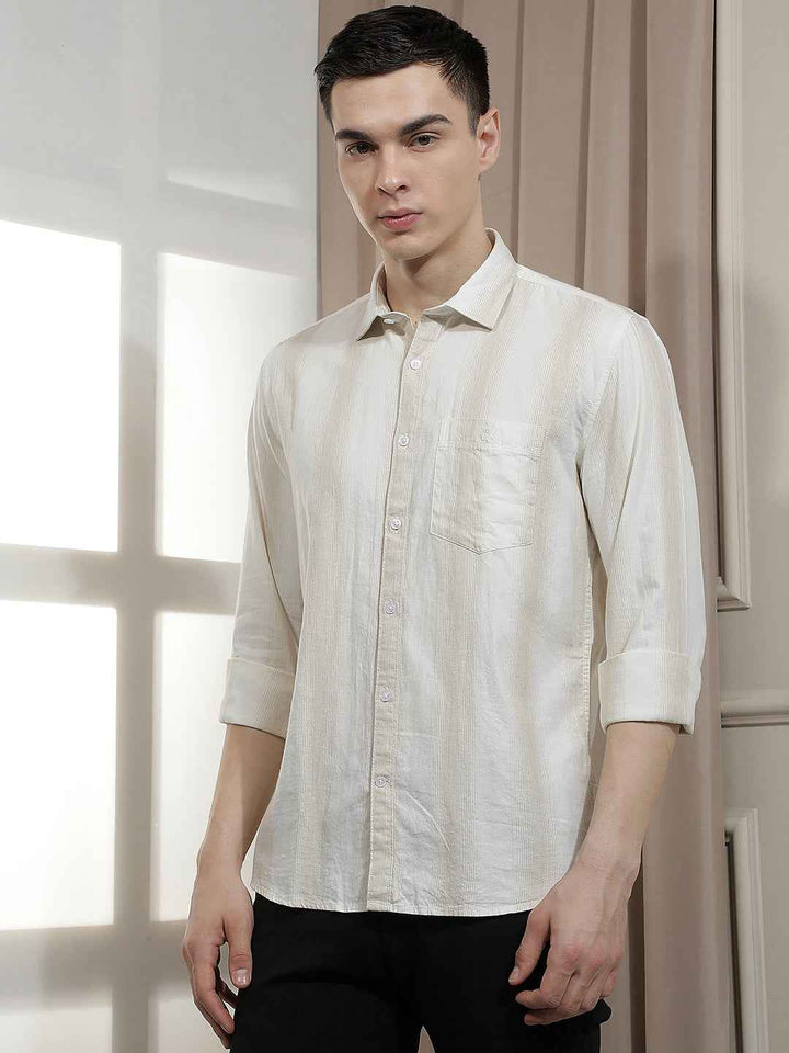 Beige Vertical Stripes 100% Cotton Shirt