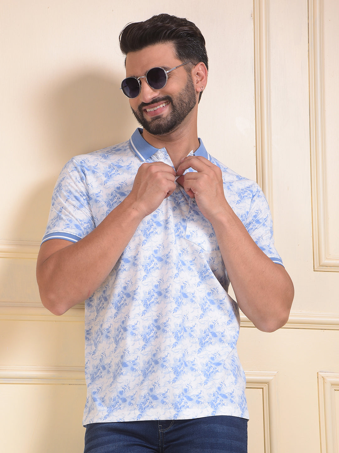 Blue Floral Print Polo Neck T-Shirt