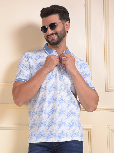 Blue Floral Print Polo Neck T-Shirt